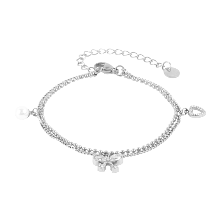 白鋼手鍊，女士手鍊 珠鍊蝶結；雙鍊層次和不對稱小吊飾細節感十足（4249銀色）