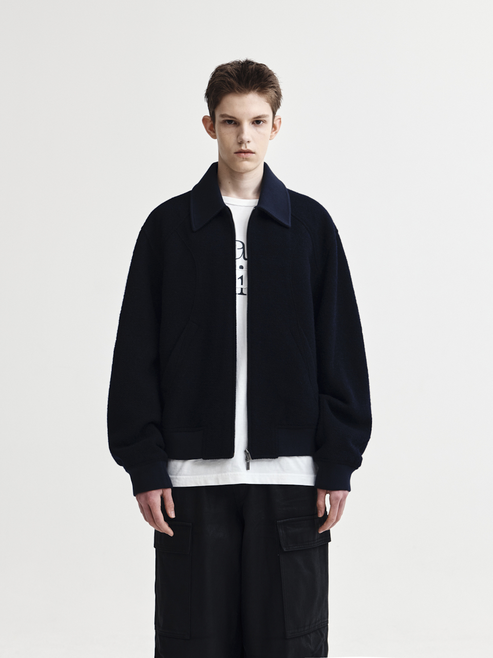 羊毛混紡高領拉鍊外套 海軍藍