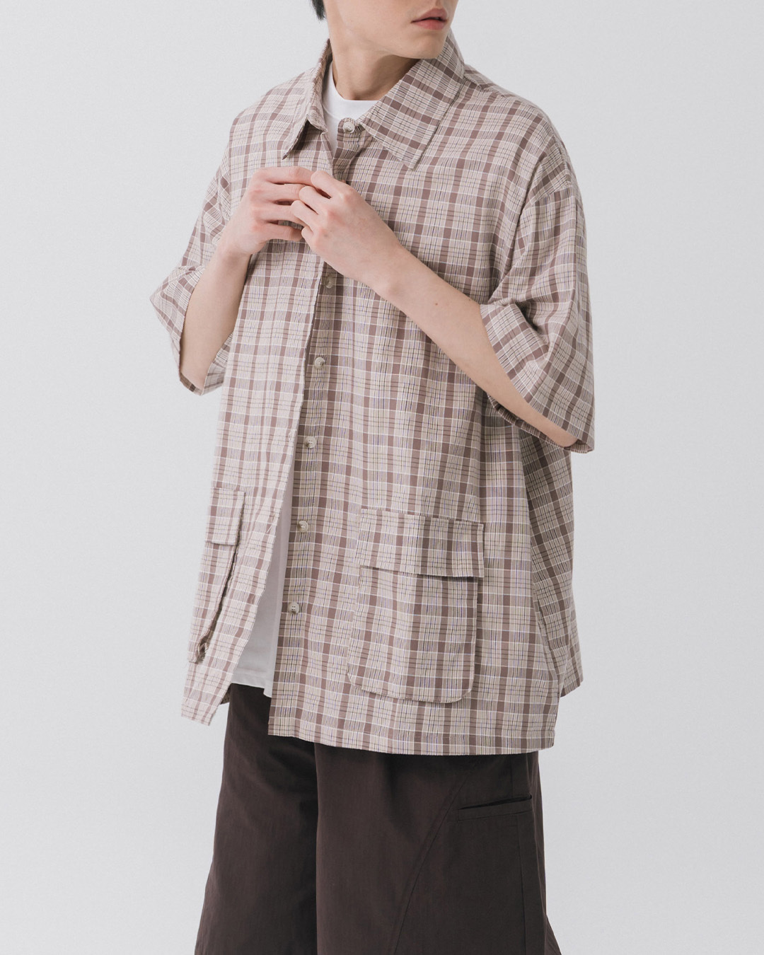 Checkered double-pocket short-sleeved oversized shirt 1/2【01025745】in stock+pre-order