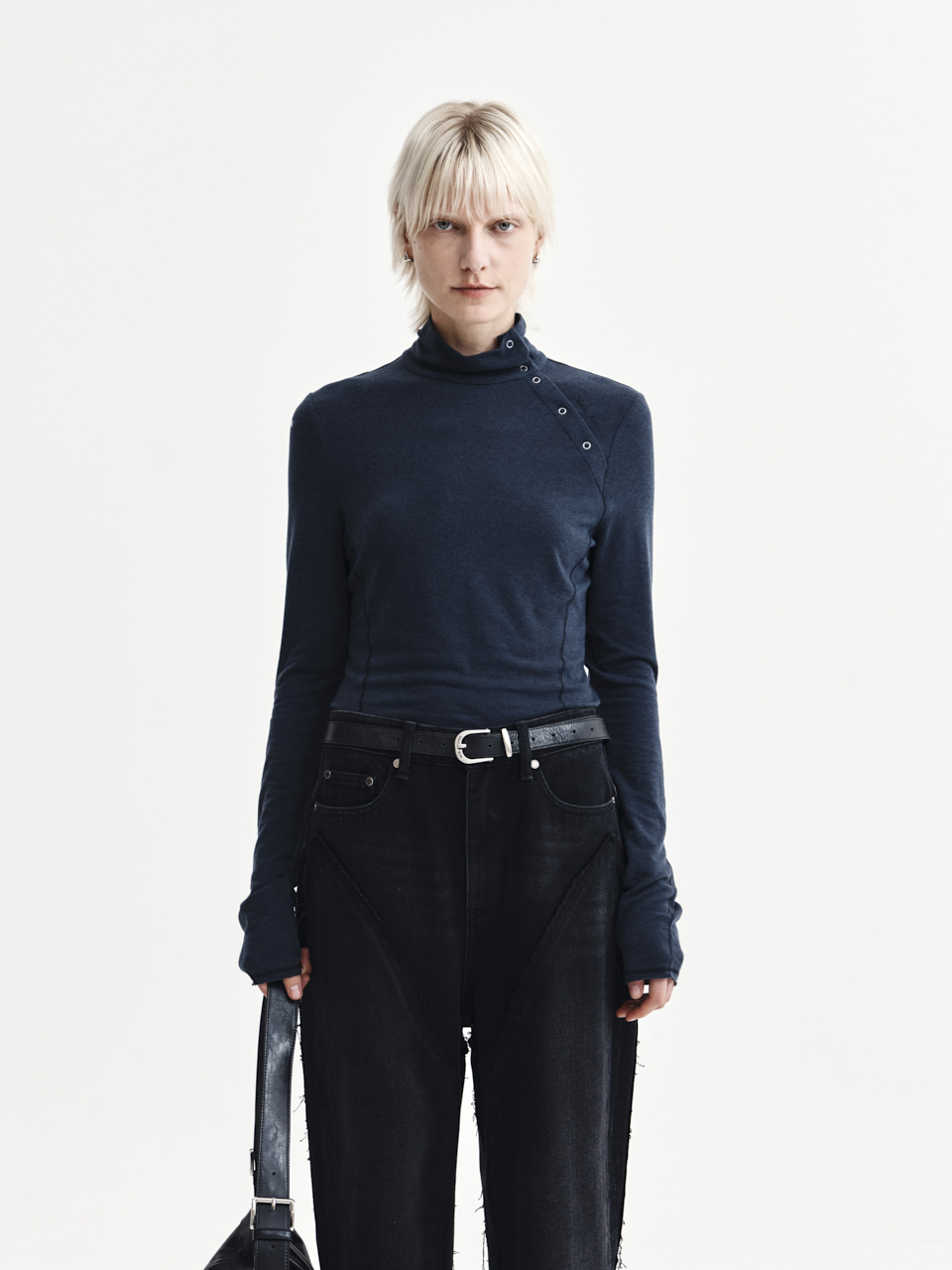 側排扣高領上衣 海軍藍