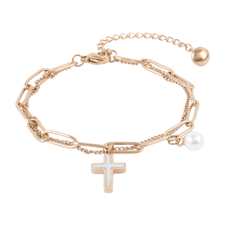 白鋼手鍊，女士手鍊 貝殼鑲面十字架；鍊影十字 守護信念與安定（4250玫瑰金）