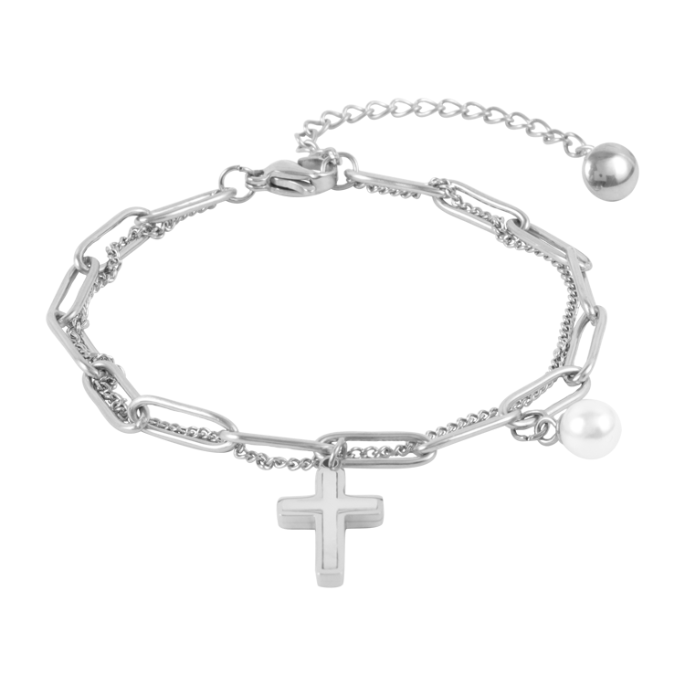 白鋼手鍊，女士手鍊 貝殼鑲面十字架；鍊影十字 守護信念與安定（4250銀色）