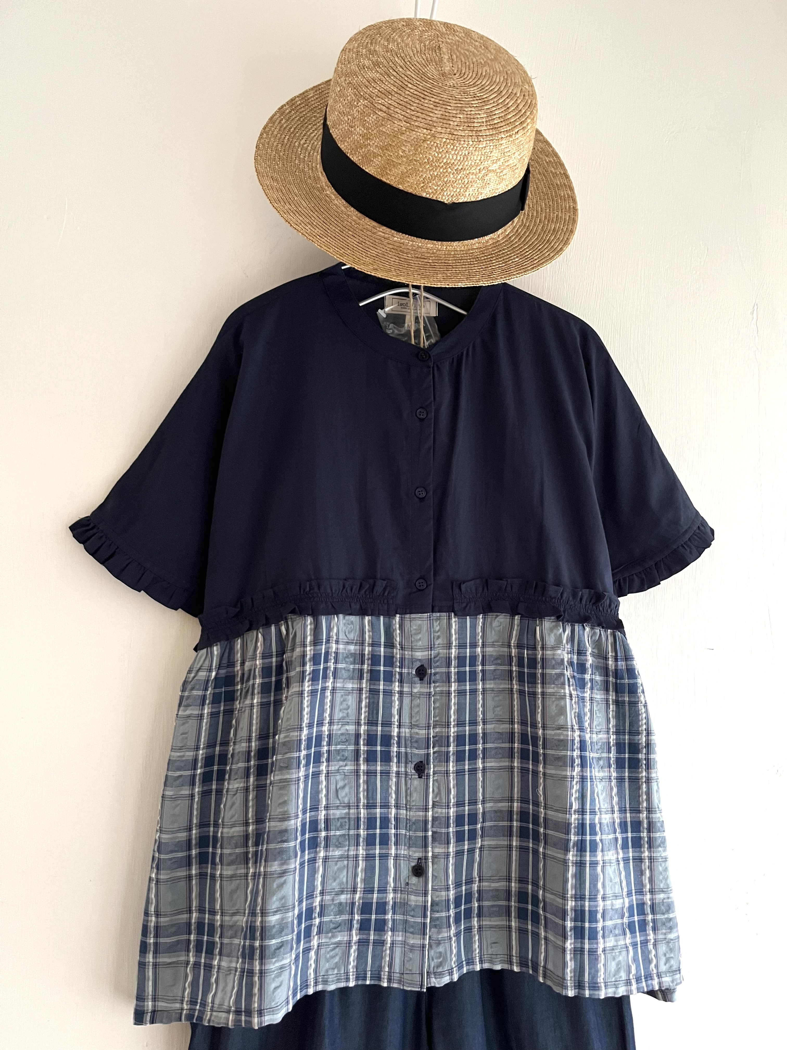 isoLaine藍色拼格仔皺皺布top