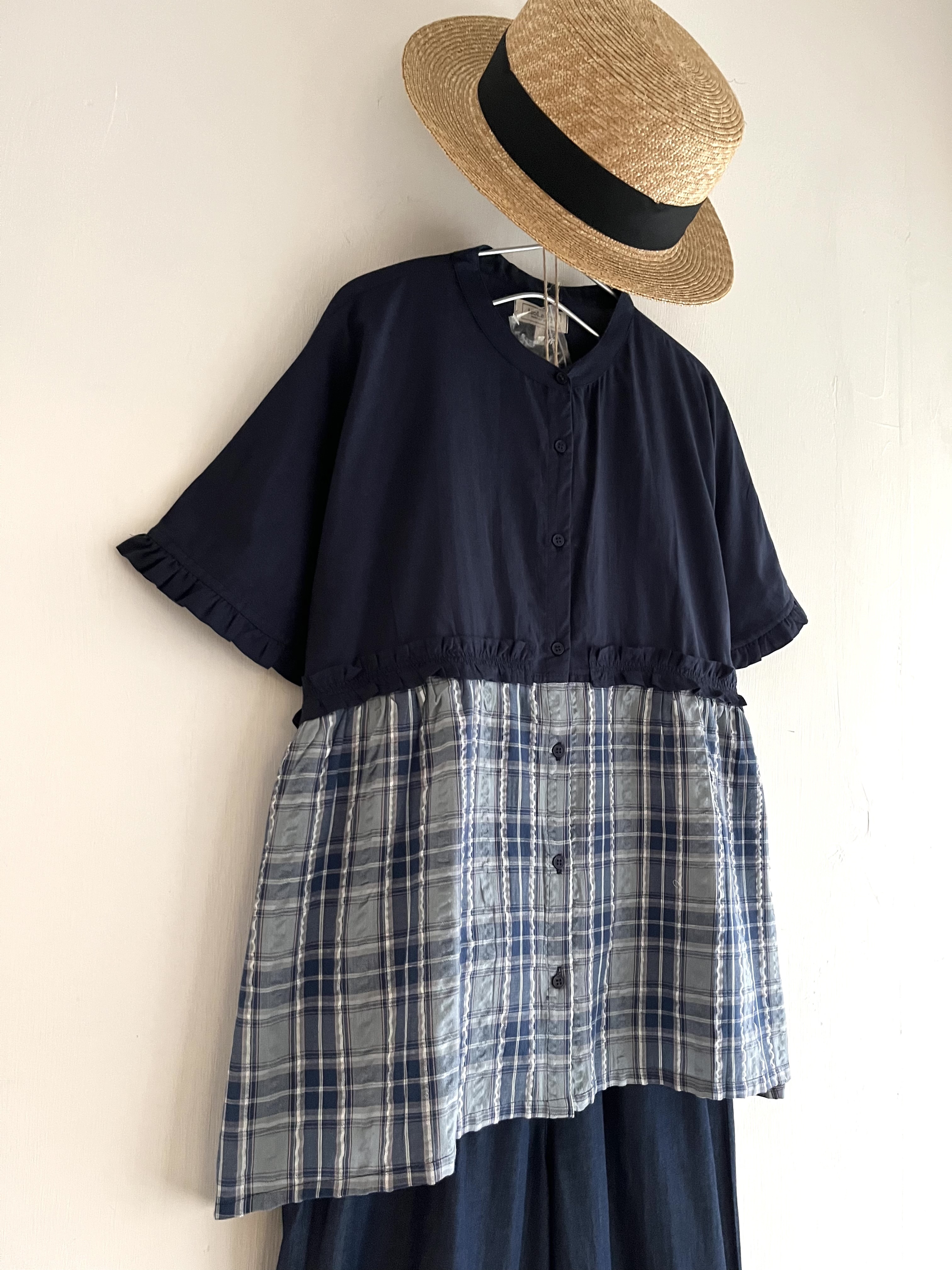 isoLaine藍色拼格仔皺皺布top