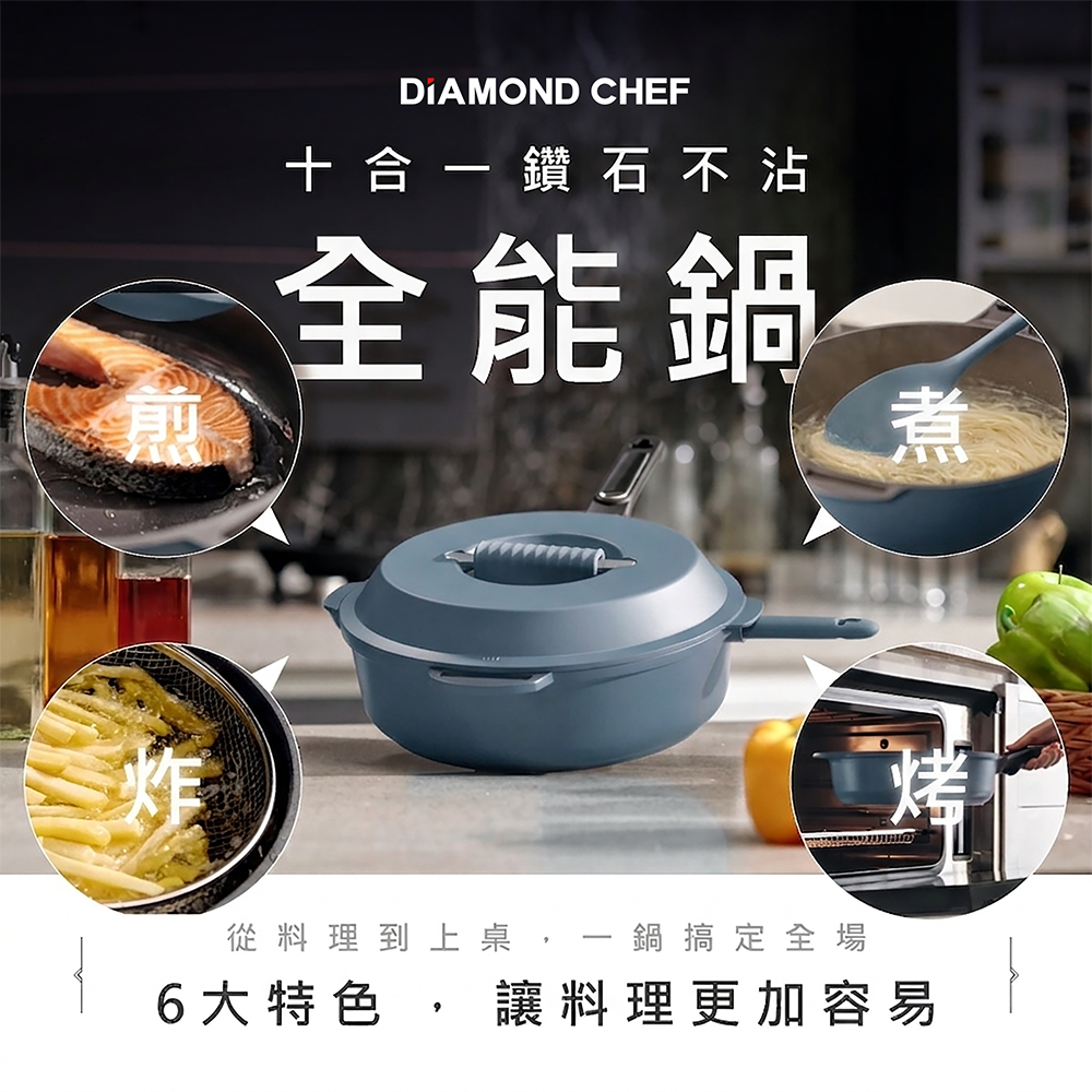 (新品預購) 十合一鑽石不沾全能鍋28cm（一鍋多用｜不挑爐具｜可拆式手把｜附油炸網＋料理夾＋鍋鏟＋隔熱耳夾）