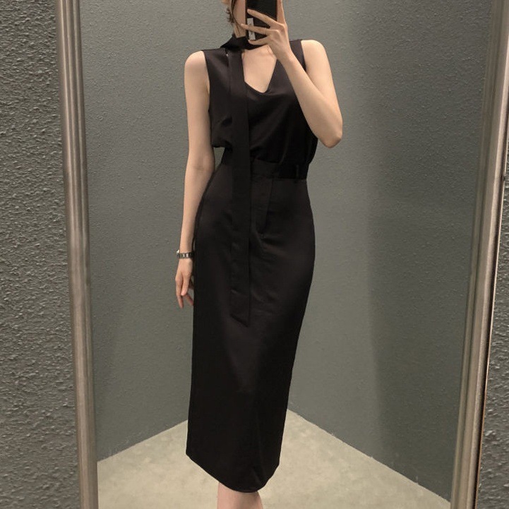 V領飄帶無袖+高腰裙(2件組)(卡其/黑/咖)