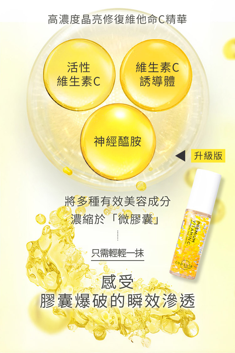 珂蓓思高濃度晶亮修復維他命C精華以黃色球體呈現神經醯胺與維他命C成分