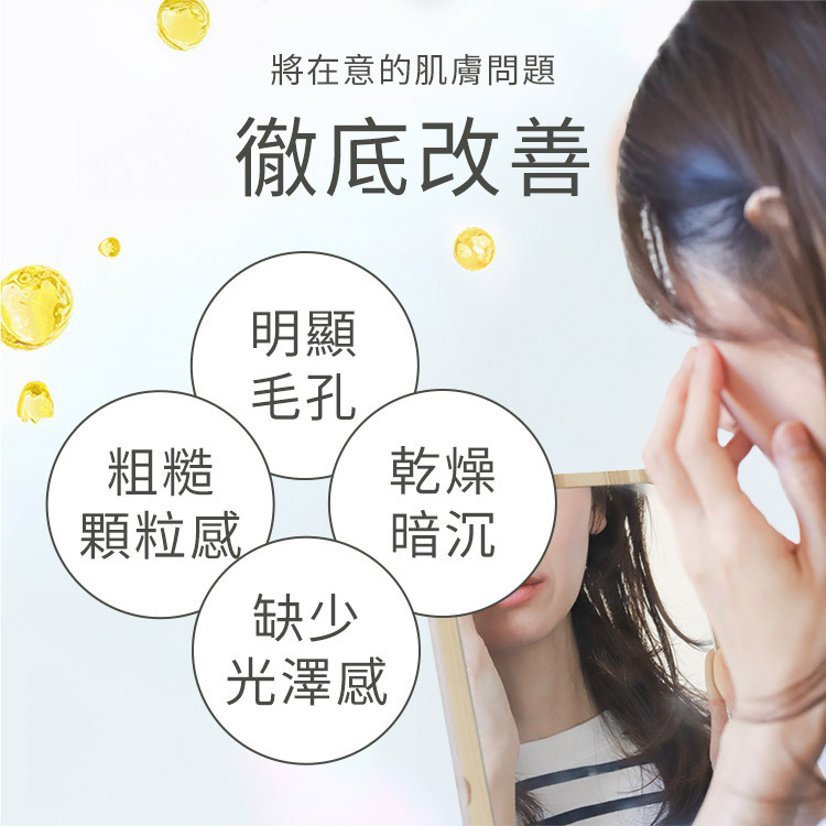 功效文字說明圖有明顯毛孔、粗糙顆粒感與乾燥暗沉等肌膚困擾