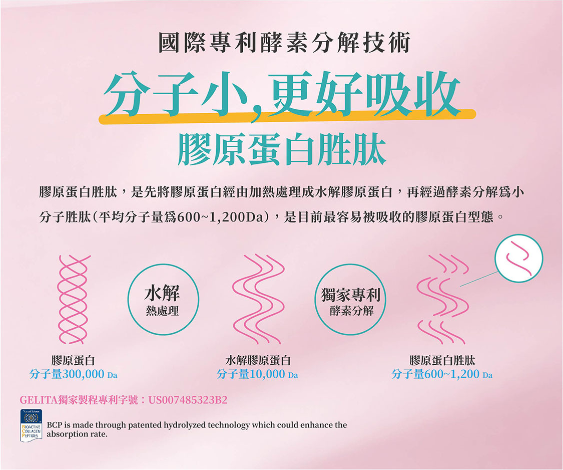 膠原蛋白胜肽分子小，更好吸收! 先將膠原蛋白經由加熱處理成水解膠原蛋白，再經過酵素分解為小分子胜肽(平均分子量600~1200道爾頓)是目前最好被吸收的膠原型態