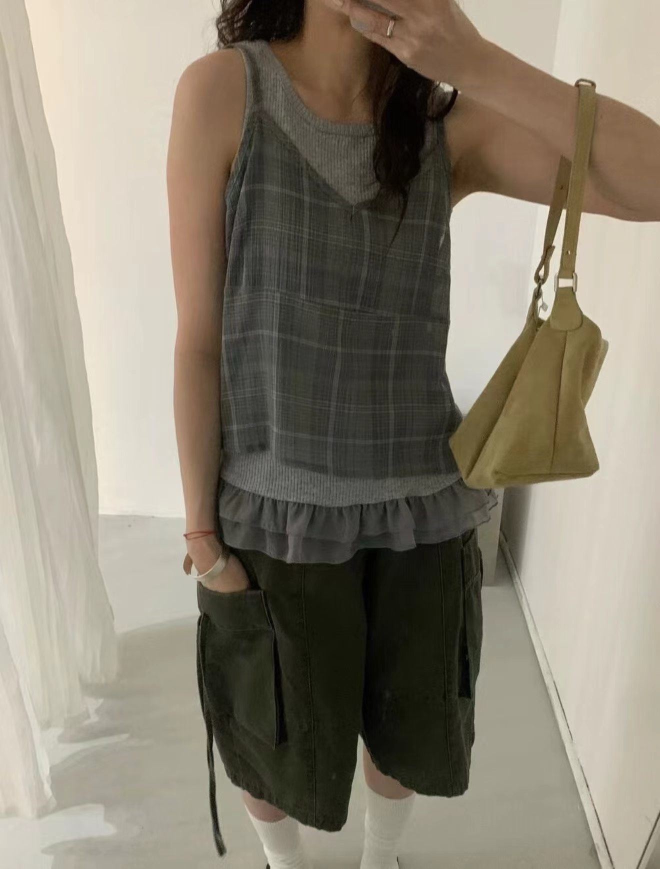 W00173細肩格子兩件式上衣