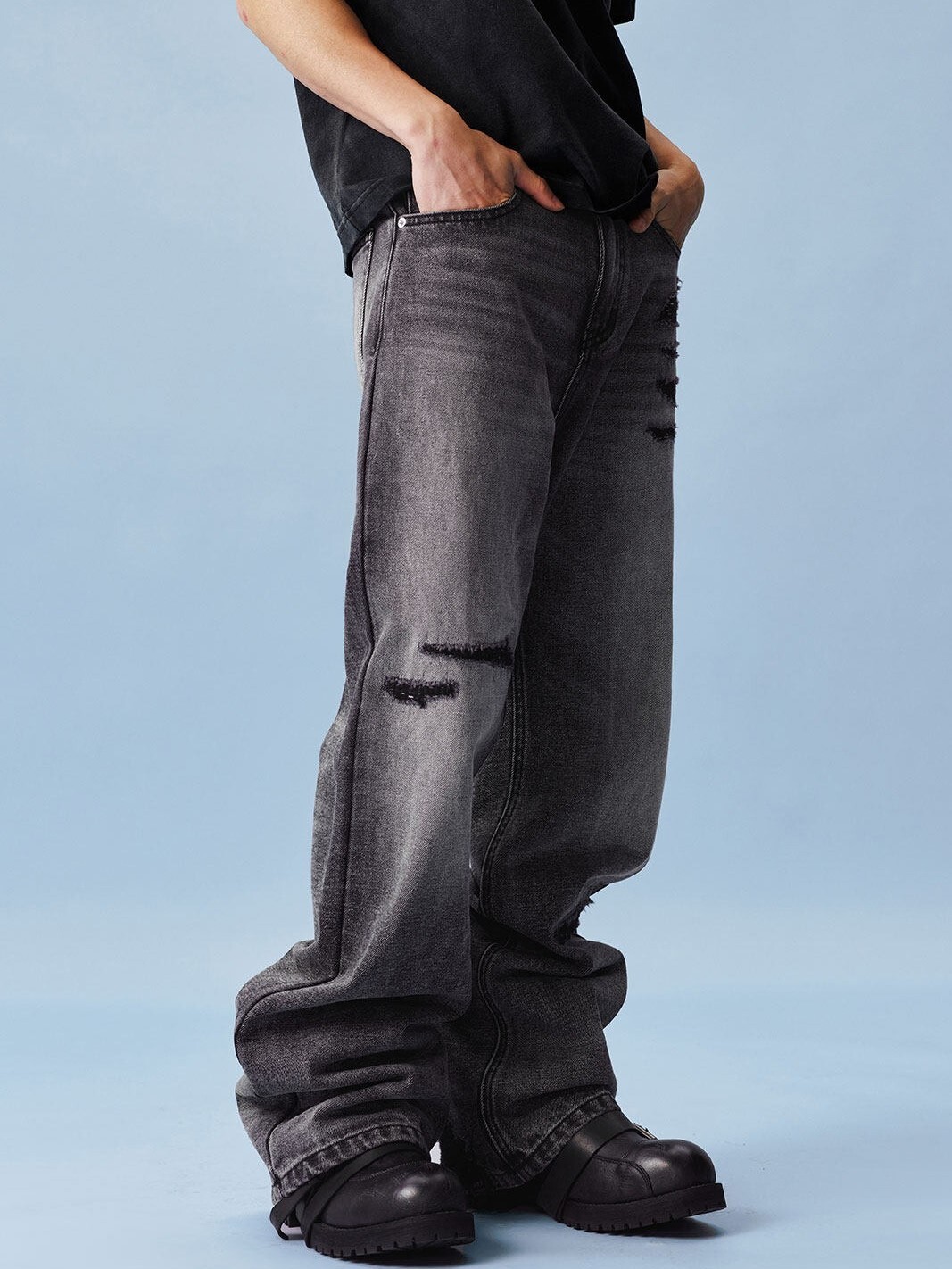 MEDM leopard print leather label, washed distressed and ripped, slightly flared jeans.