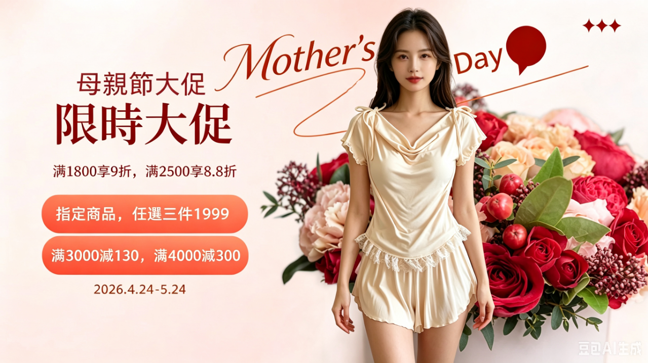 母親節大促,全館满1800享9折,满2500享8.8折,全館滿NT$1500免運費,限時優惠