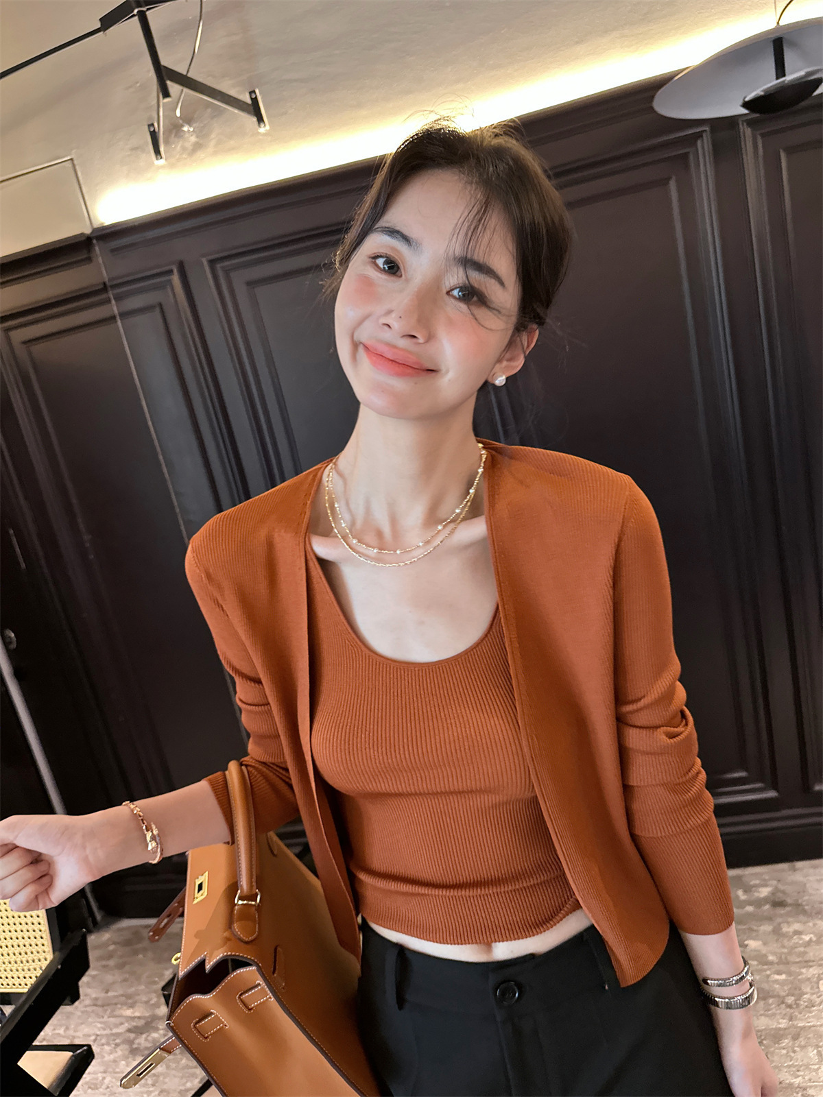 涼感針織 U領背心+外套(2件組)(桔/綠)