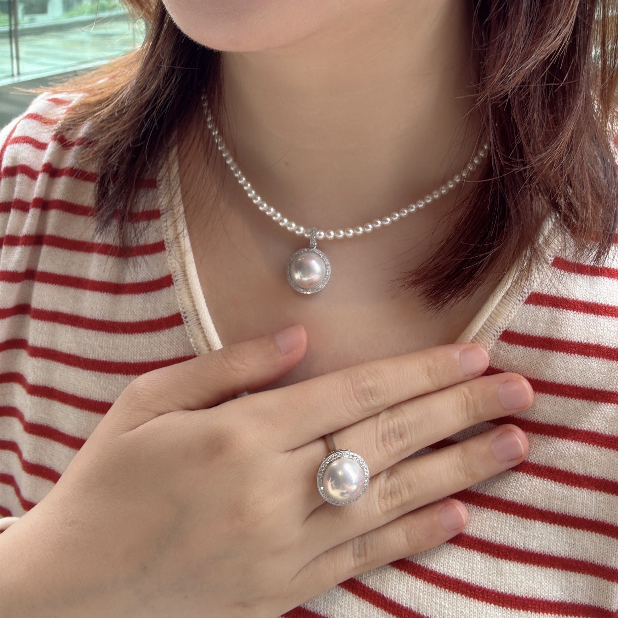 18K金日本稀有極光炫彩白色馬貝珠鑽石開口吊墜