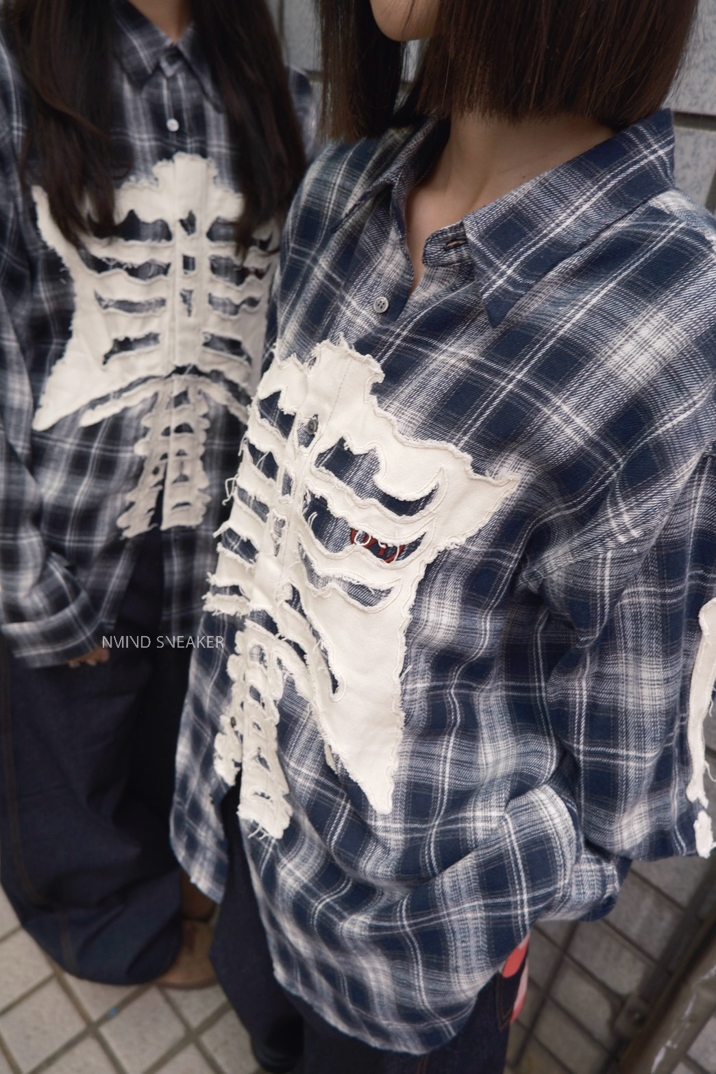 <快速出貨> 9090骨頭 長袖格紋襯衫 黑/深藍