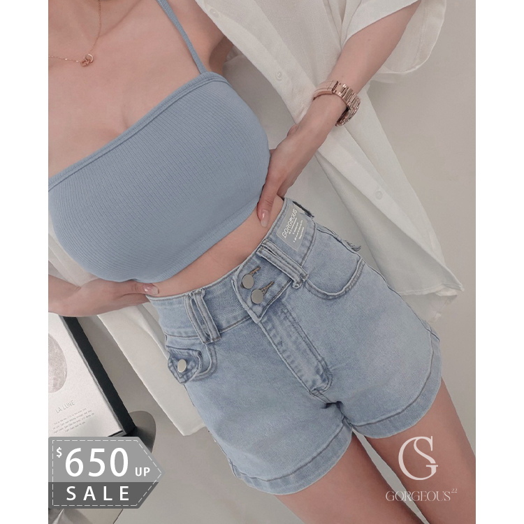 G9802 「雙釦彈力「蜜臀」牛仔短褲」