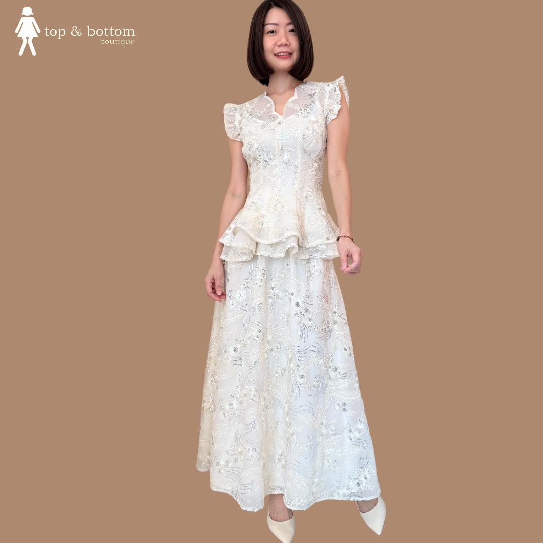 SEQUINNED EMBROIDERY FLORAL BLOUSE & SKIRT SET SUIT