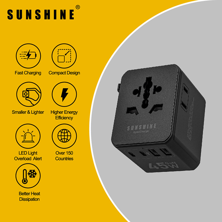 GaN快速充電器 45W 5插口(3C2A) 旅行插座 (黑色) TRD-45W