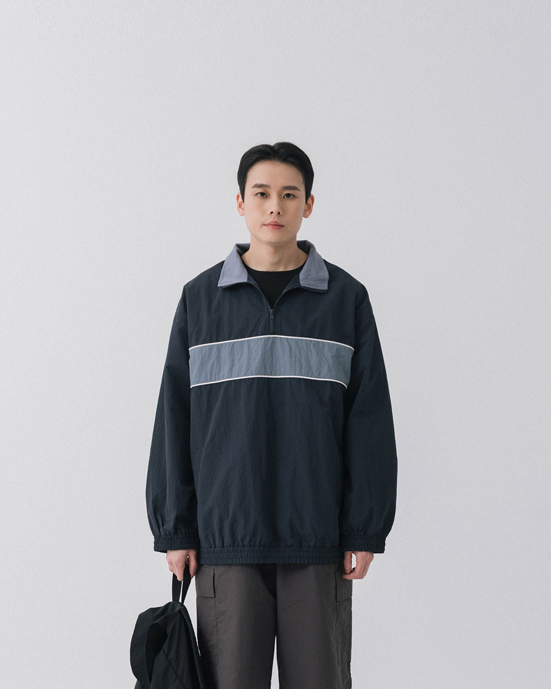 Color-blocked half-front design long-sleeved top - dark blue 1/2【01099351】in stock+pre-order