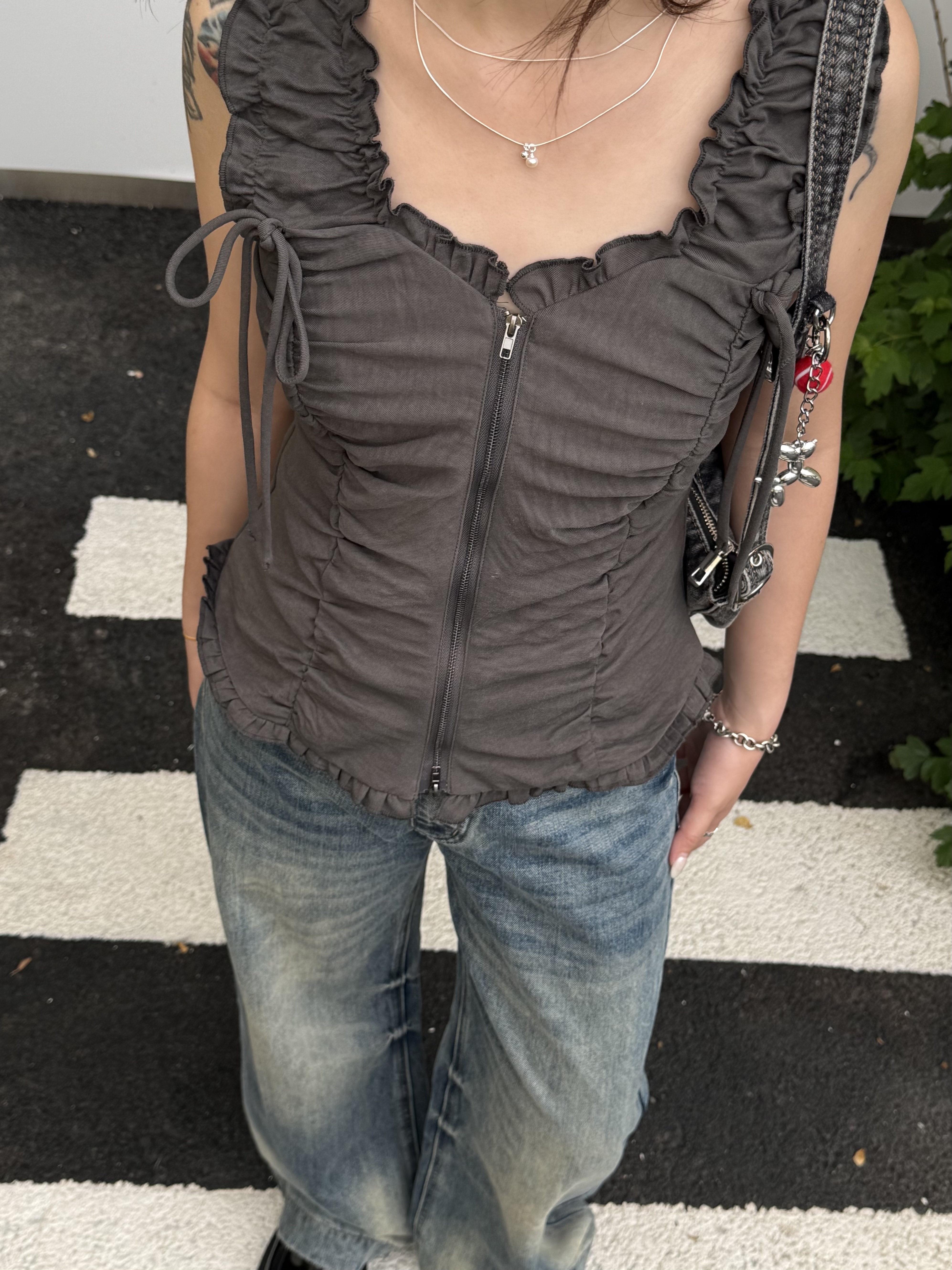 抓皺肩帶雙拉鏈腰身背心