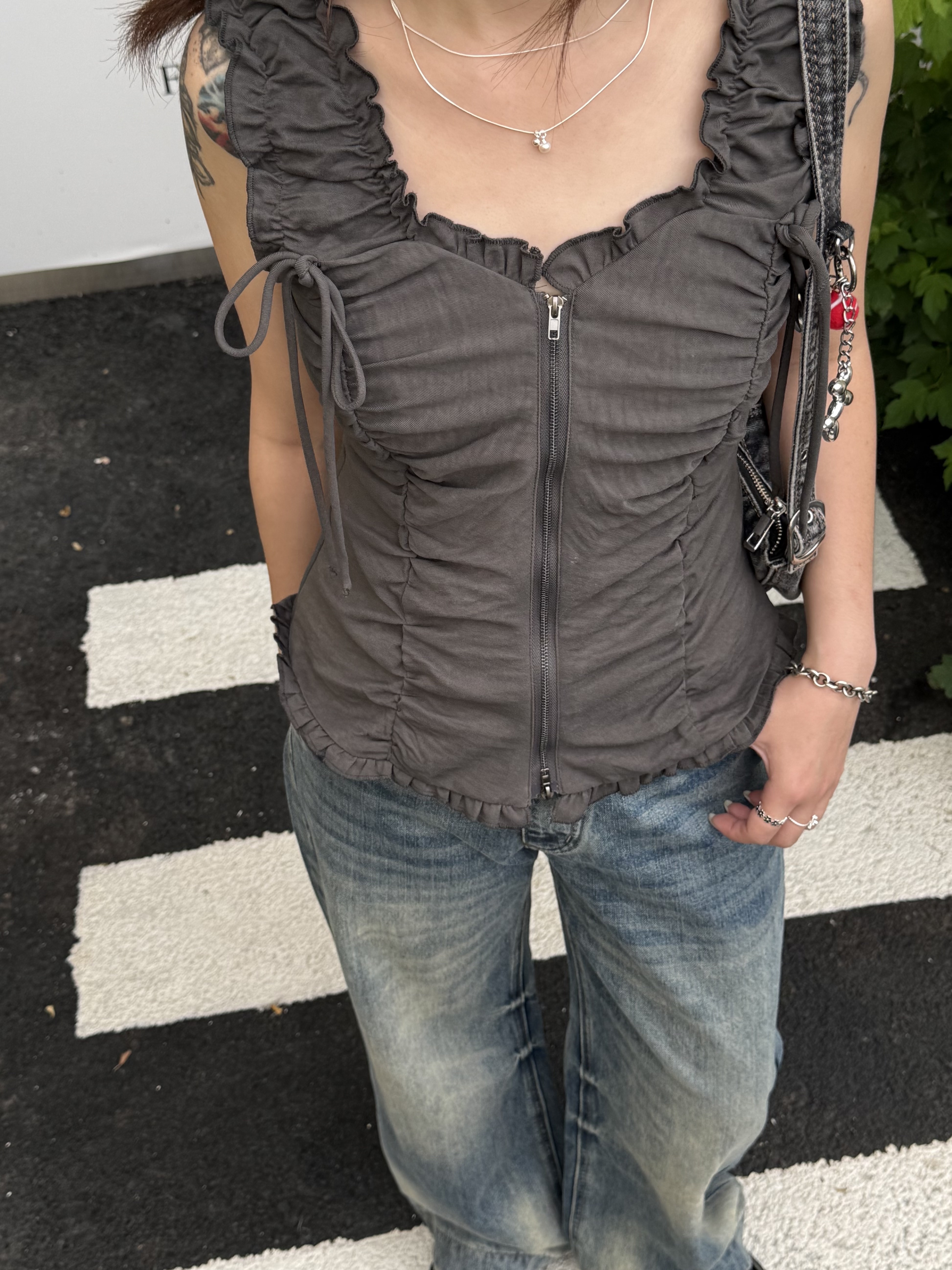 抓皺肩帶雙拉鏈腰身背心