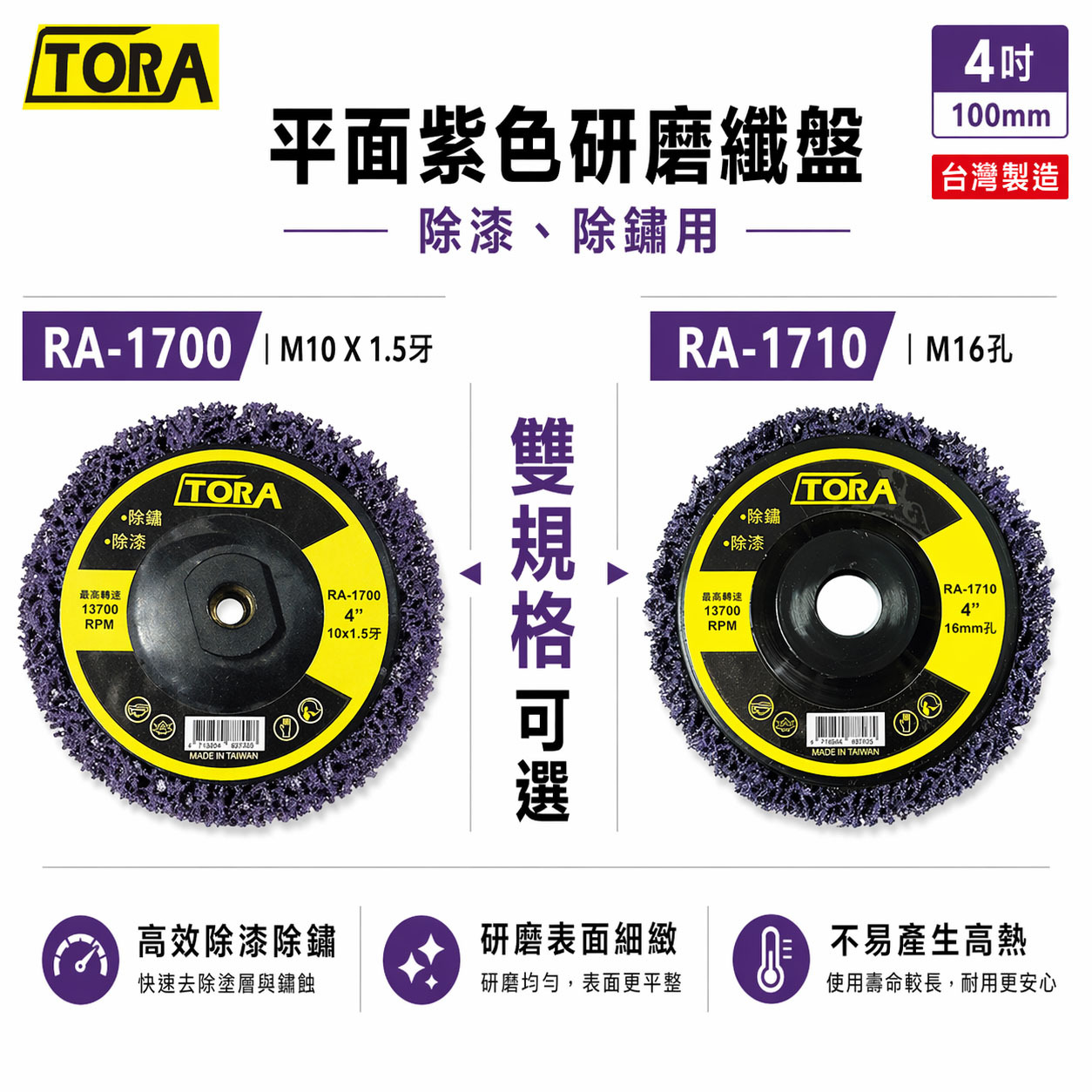 單片 台灣製 TORA｜砂輪機用研磨紫輪 4吋研磨絨盤 焊道磨邊去銹磨漆｜無牙 16mm｜有牙M10X1.5