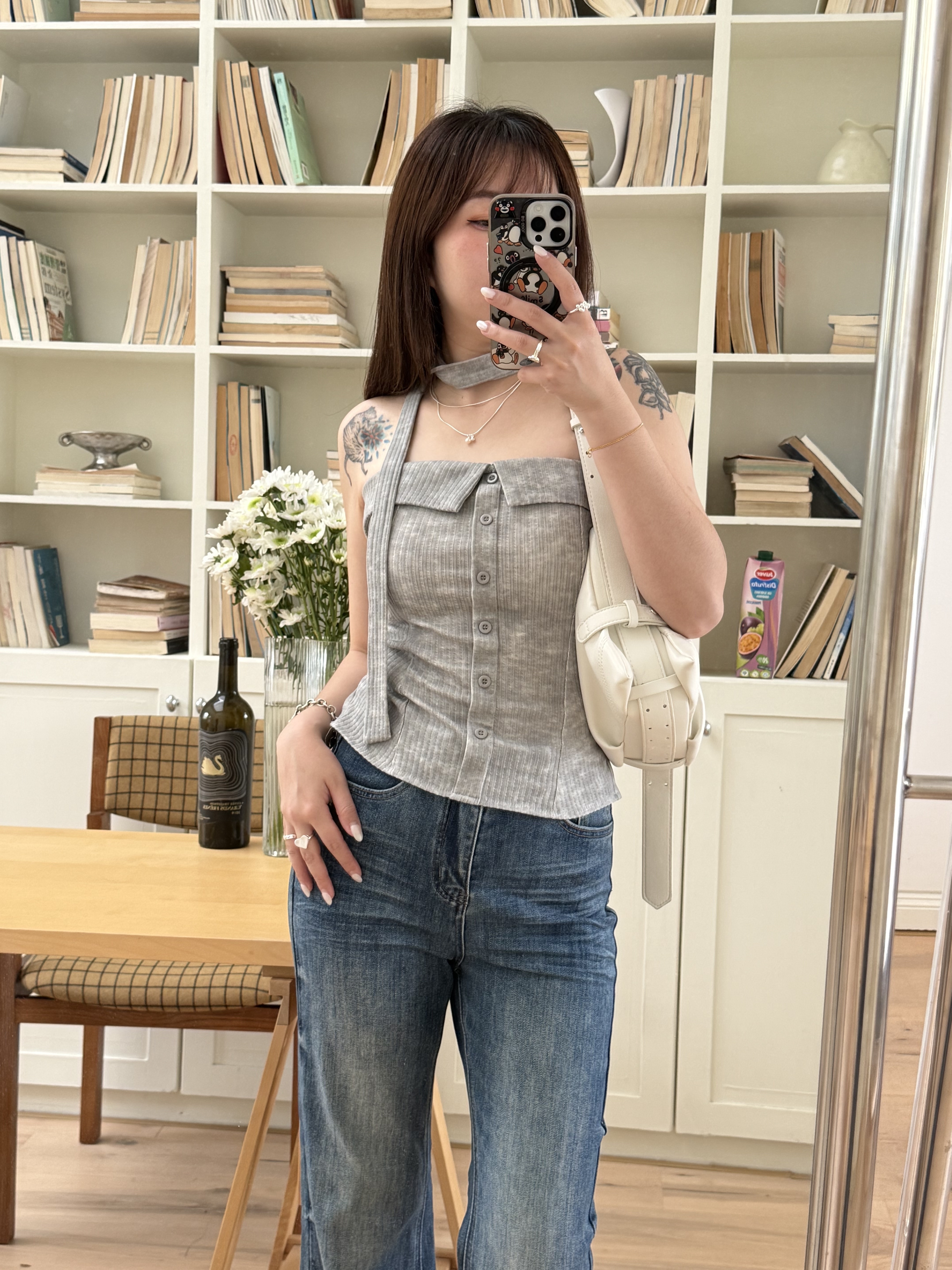 附繞脖一字領排釦平口背心