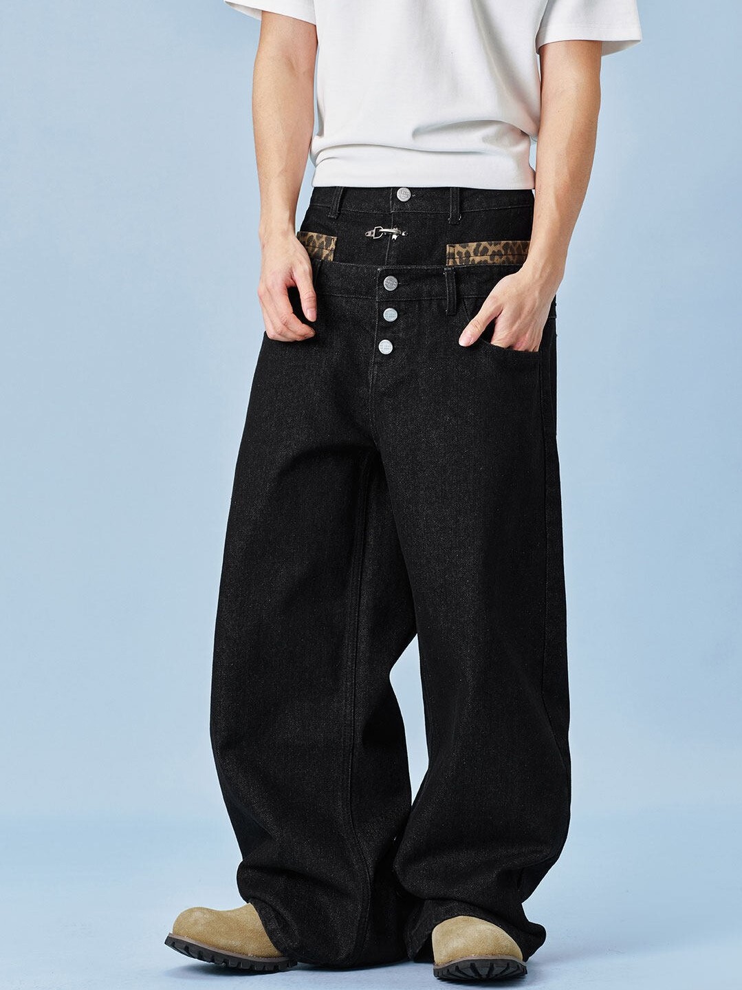 MEDM double waistband leopard print patchwork vintage distressed jeans