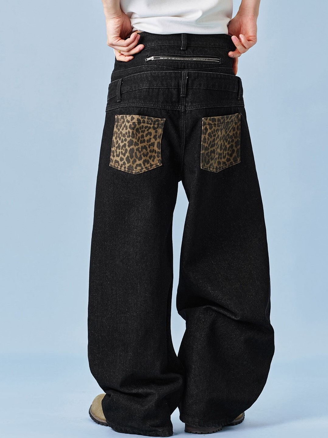 MEDM double waistband leopard print patchwork vintage distressed jeans