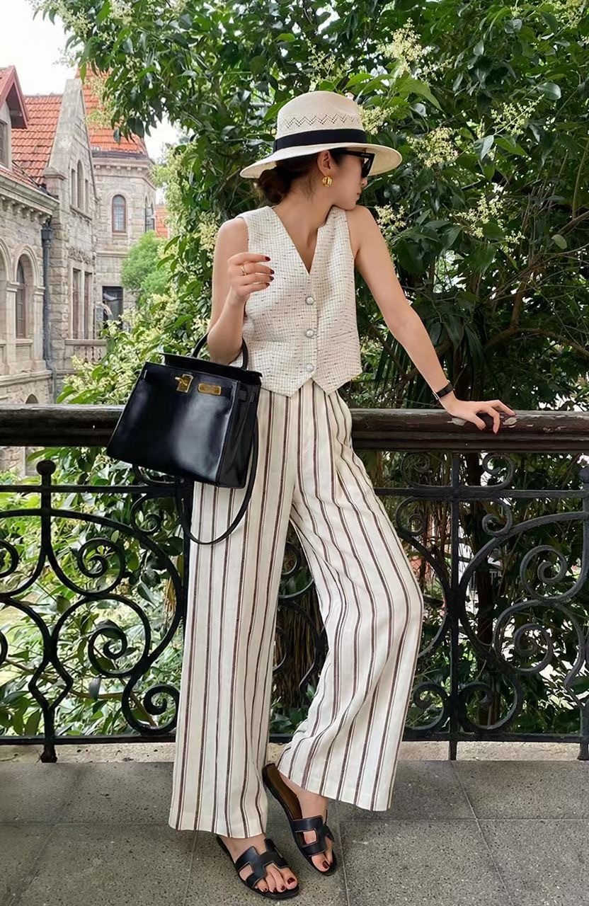 棕咖配色直條紋鬆緊腰亞麻長褲-S-L (Elegant & Love)