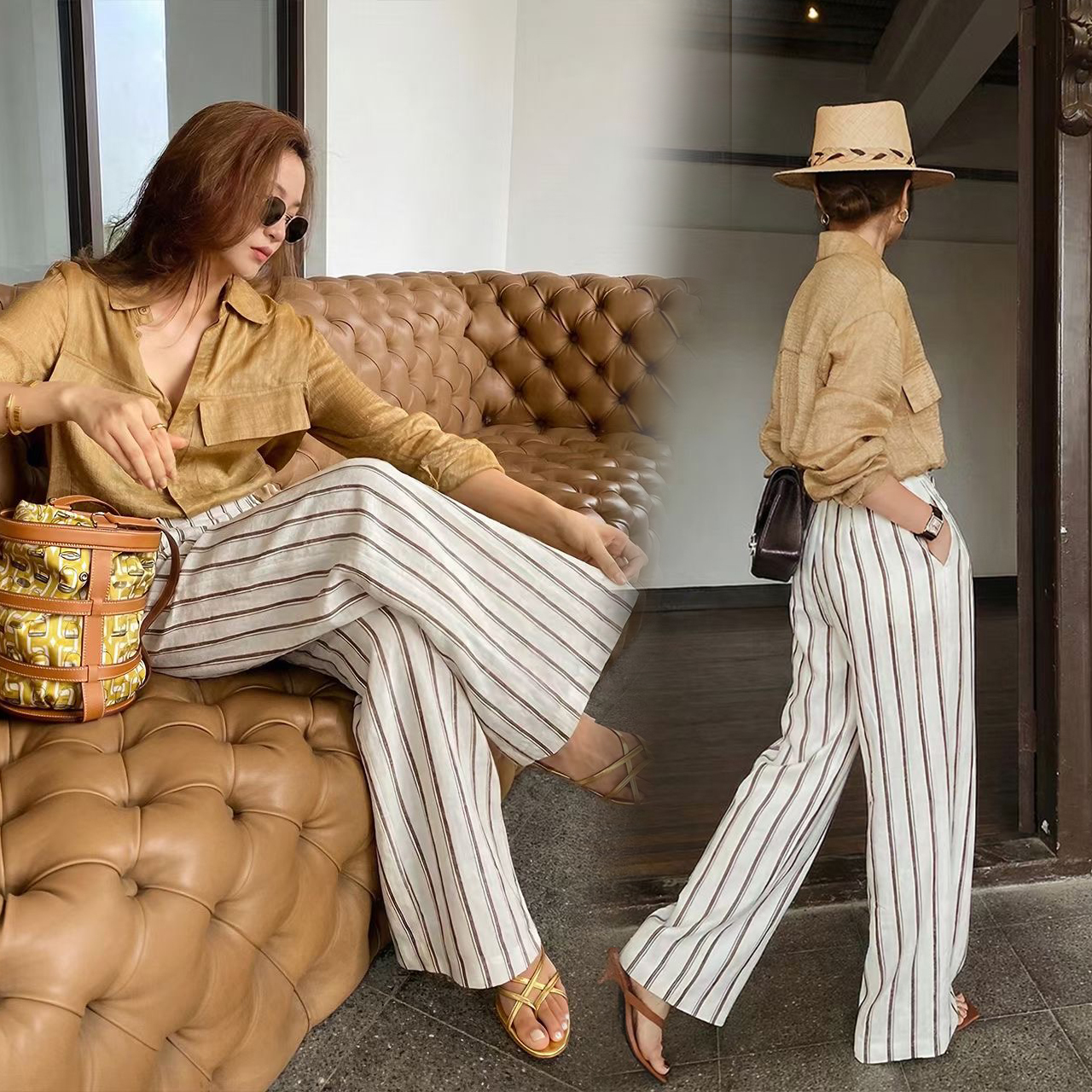 棕咖配色直條紋鬆緊腰亞麻長褲-S-L (Elegant & Love)