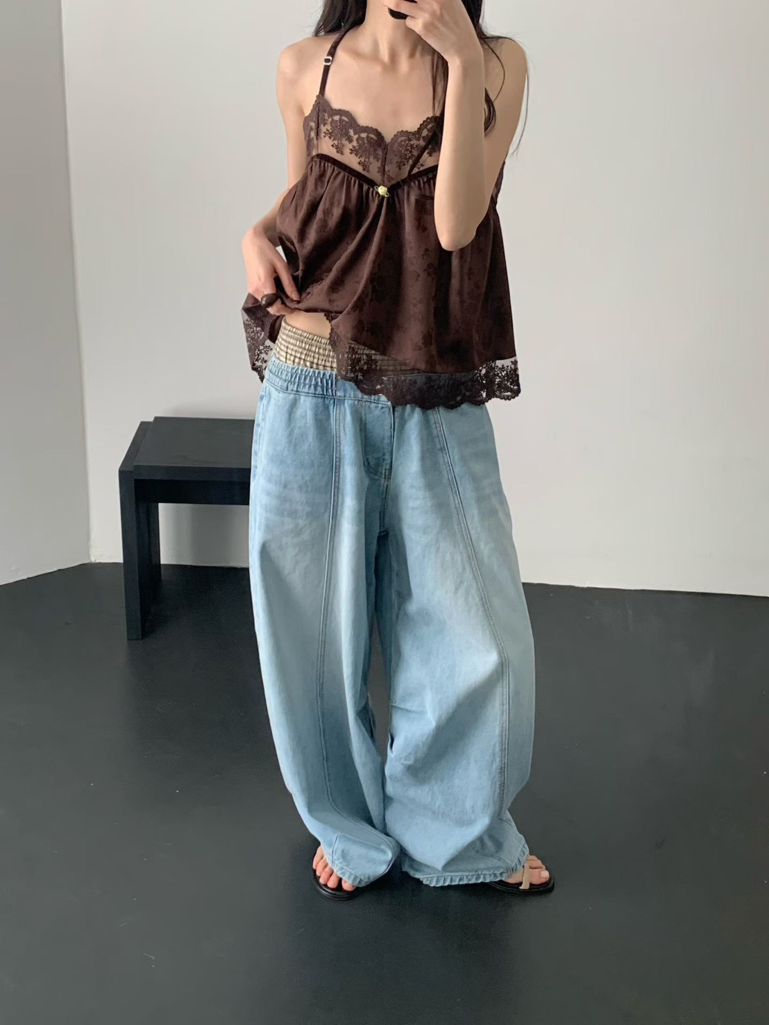 格子鬆緊拼接牛仔垮褲