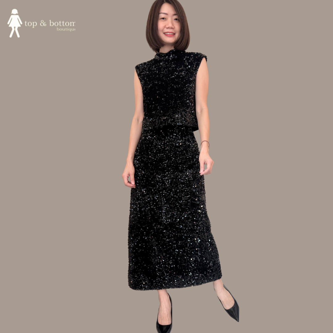SEQUINNED VELVET BLOUSE & SKIRT SET SUIT