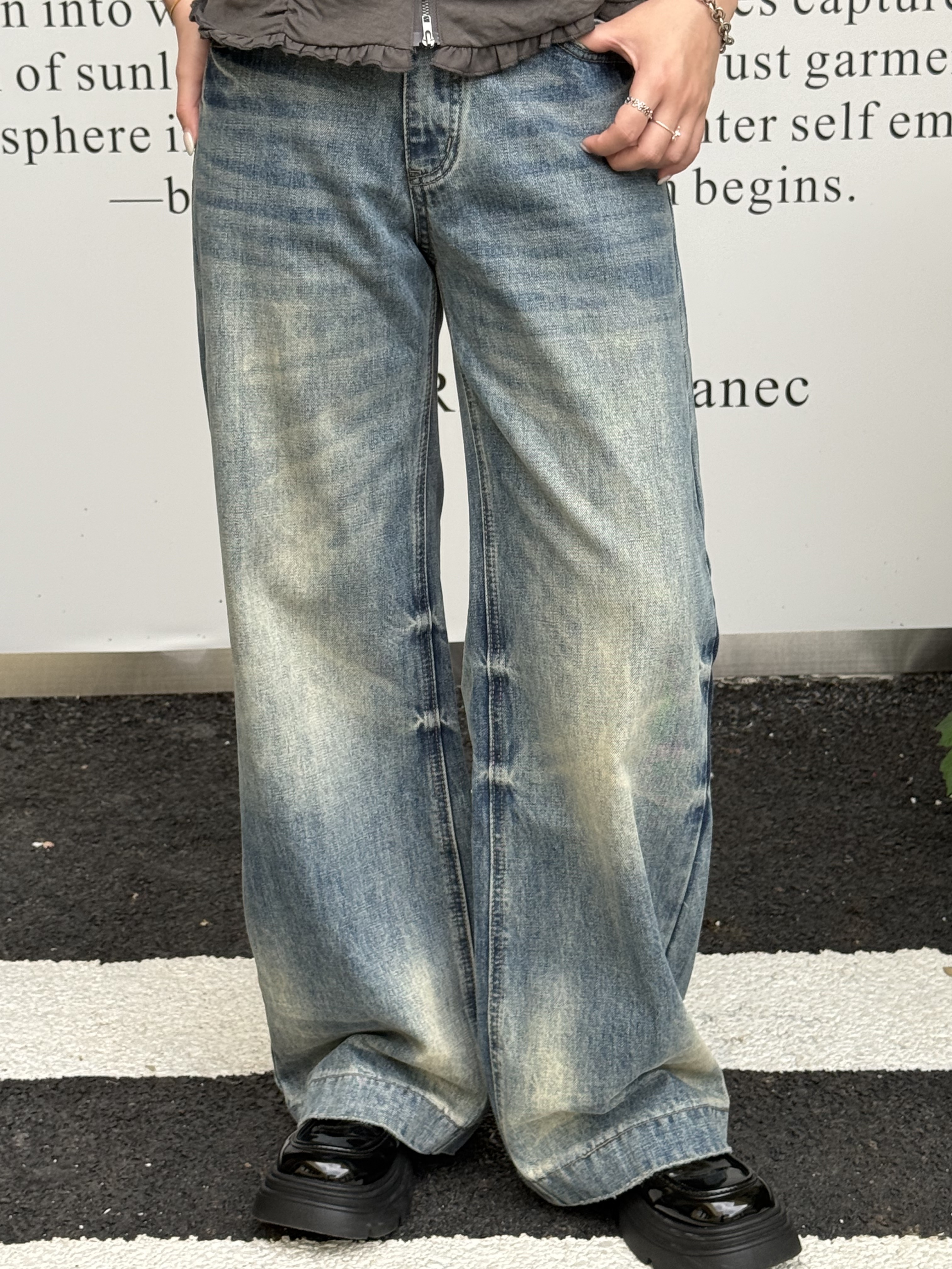 低腰刷色個性寬褲