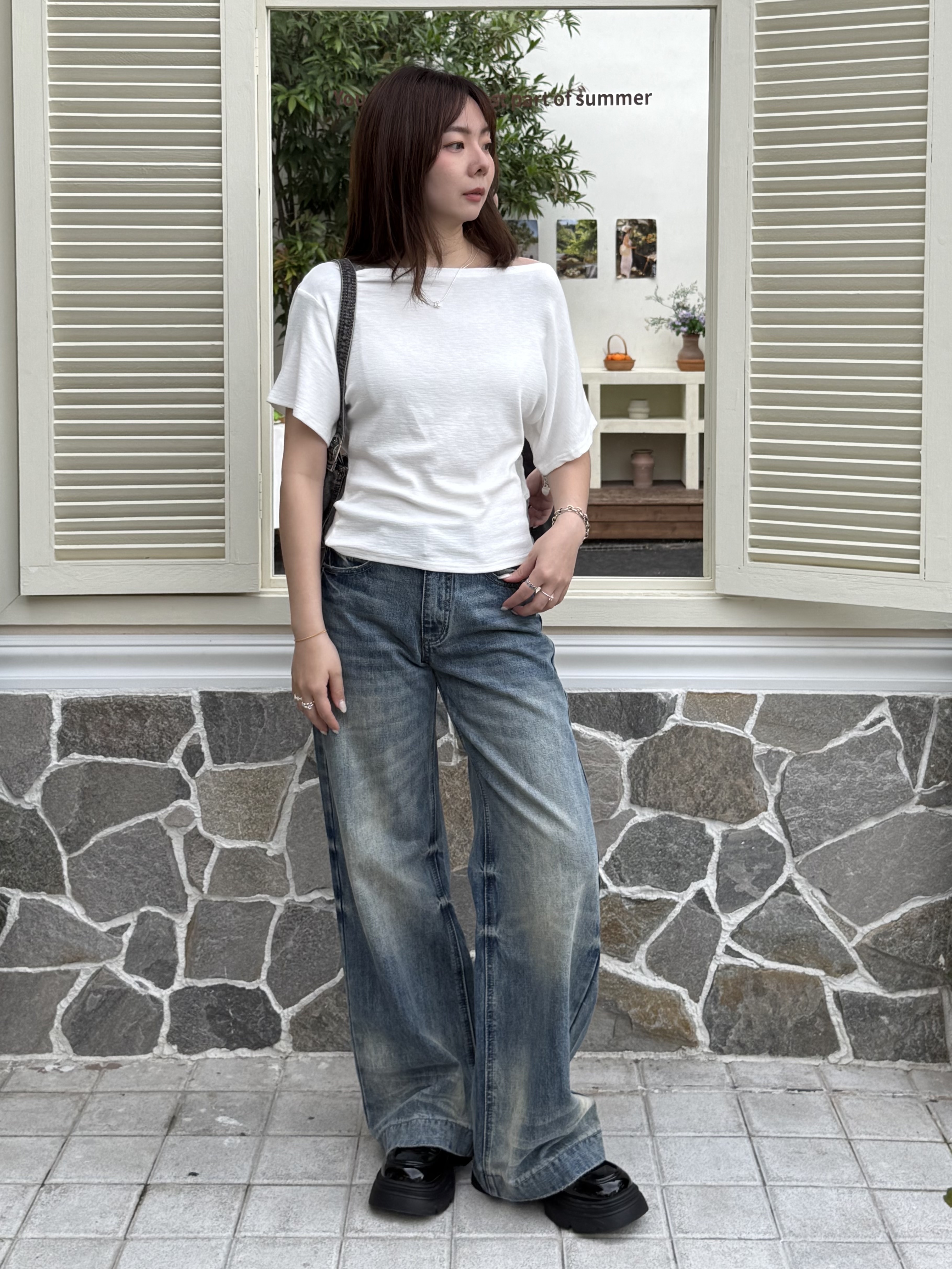 低腰刷色個性寬褲