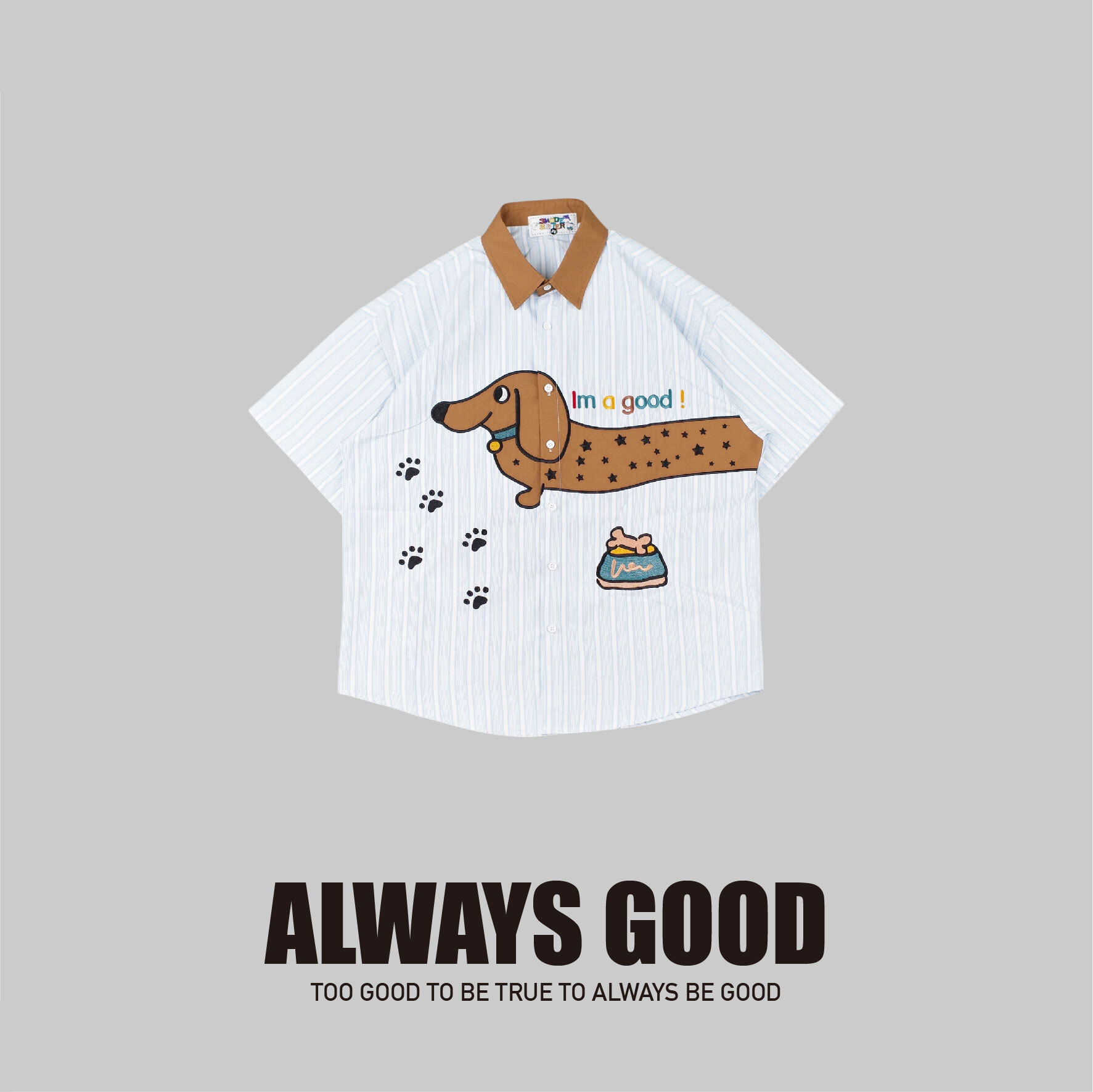 『Always_Good』臘腸狗 貼布繡 直條紋 短袖 襯衫