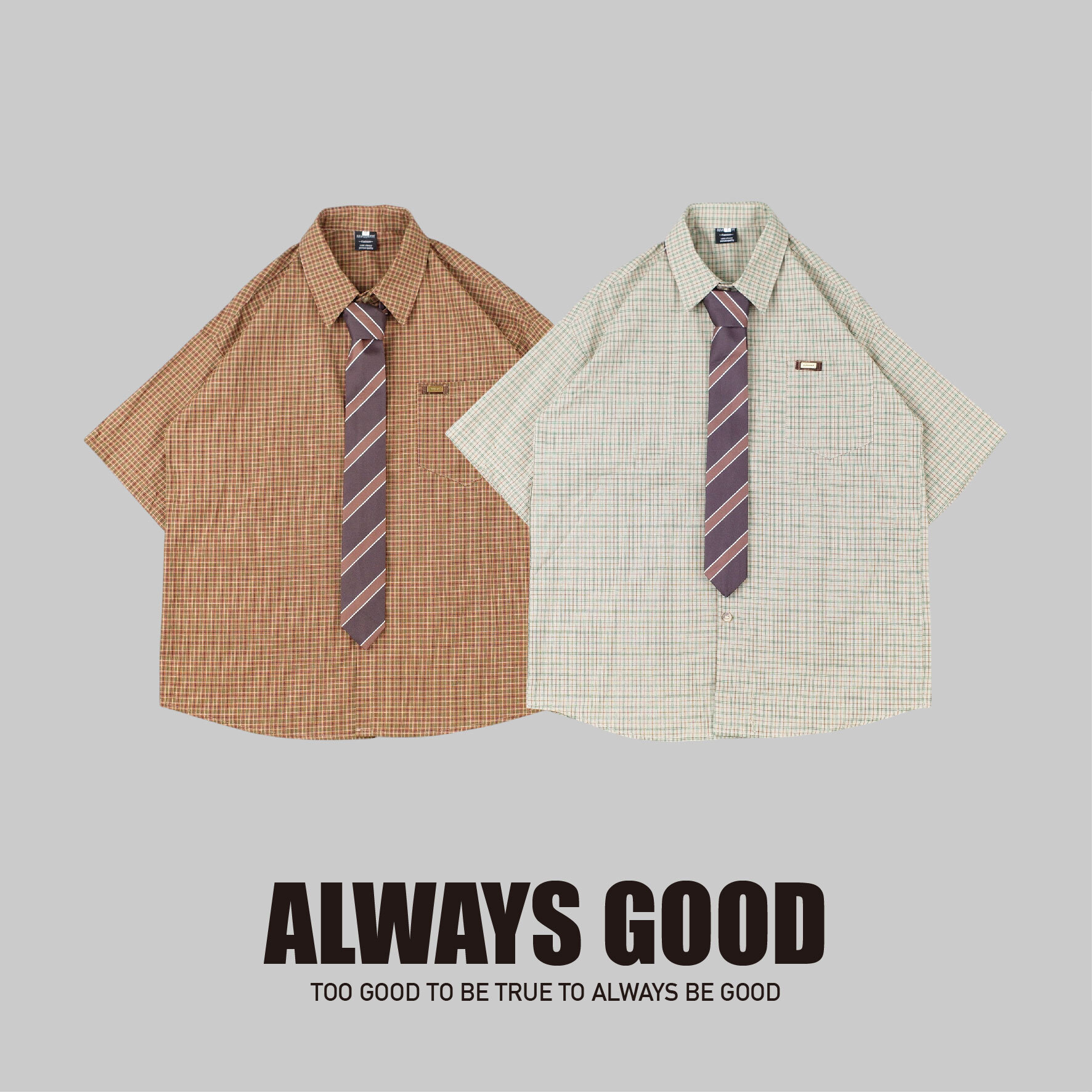 『Always_Good』附領帶 細格紋 短袖 襯衫