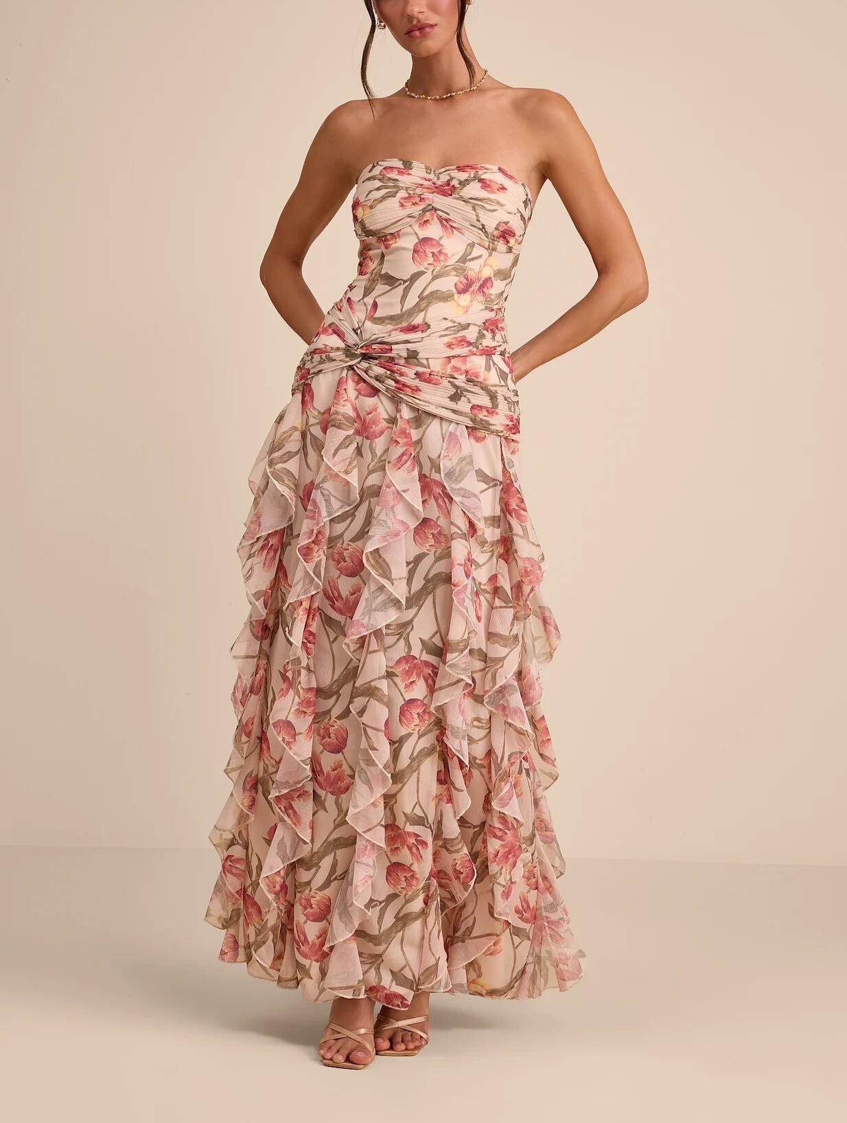 Cream Floral奶油花色印花雪紡紗扭結荷葉飾邊Dress