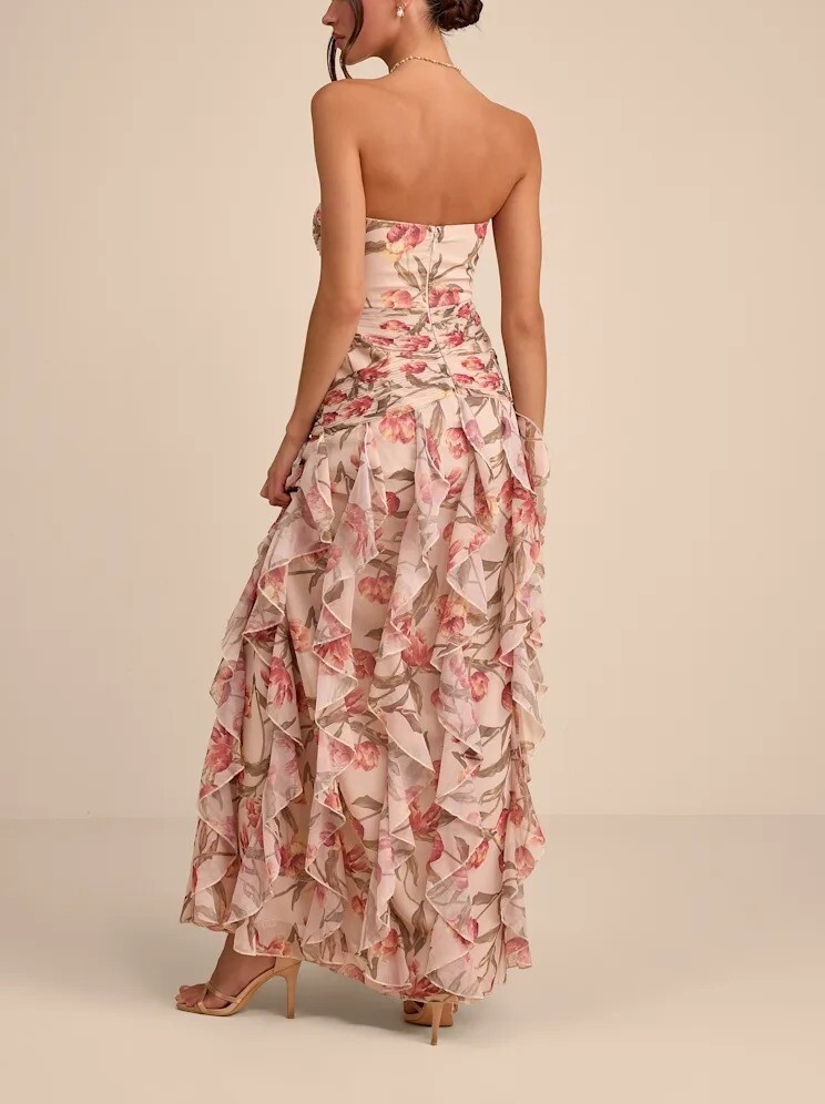 Cream Floral奶油花色印花雪紡紗扭結荷葉飾邊Dress