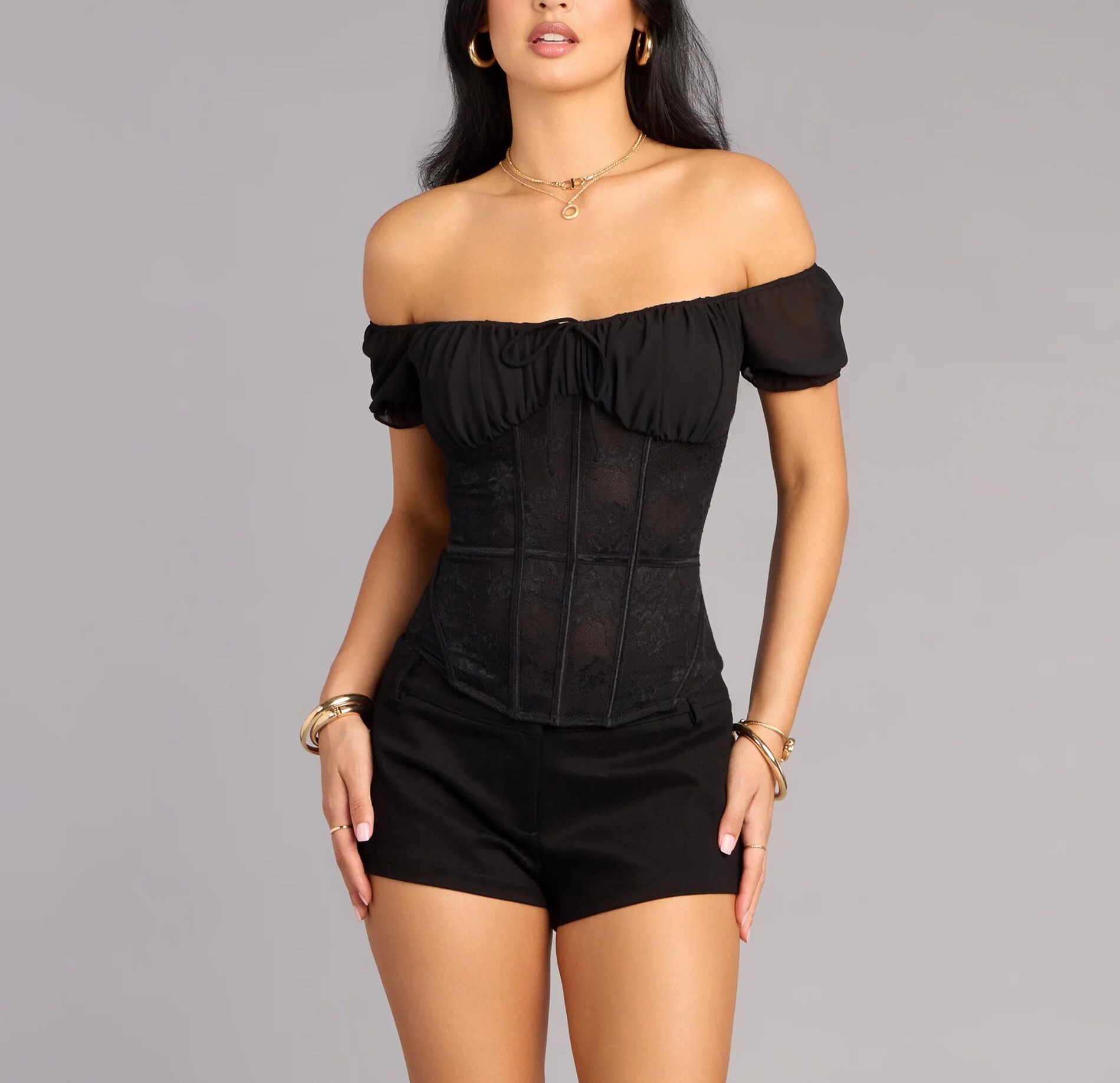 Black Love黑色綁帶露肩泡袖蕾絲馬甲上衣