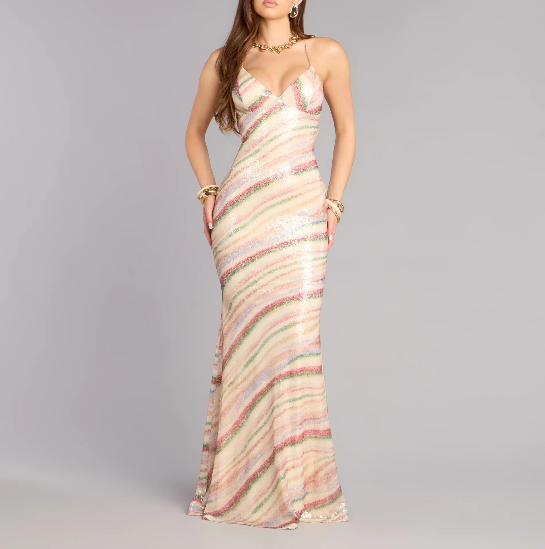 Beige焦糖米色條紋亮片深V領露背交叉綁帶Dress