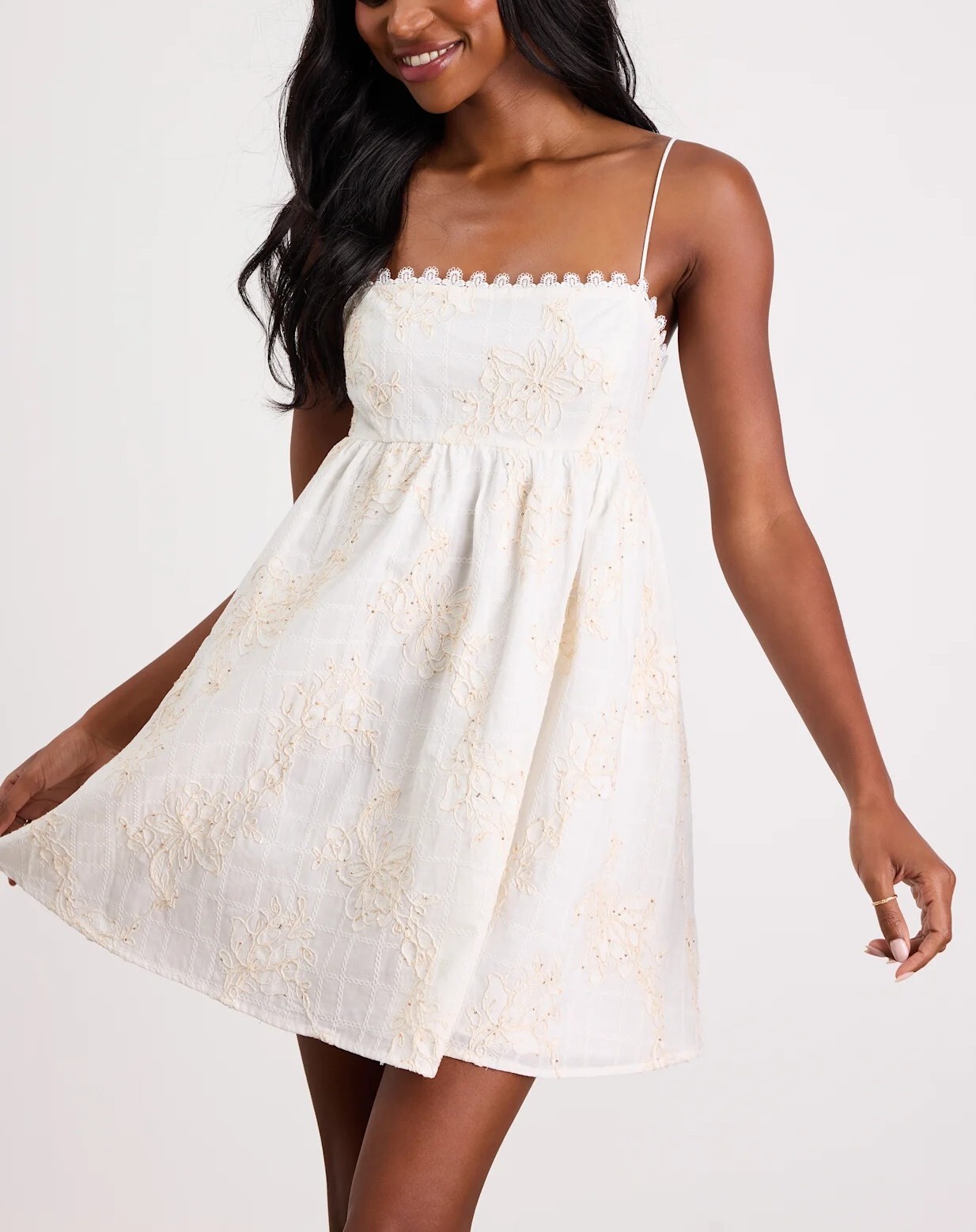 White Embroideredt 亮片刺繡立體紗花朵 Mini Dress