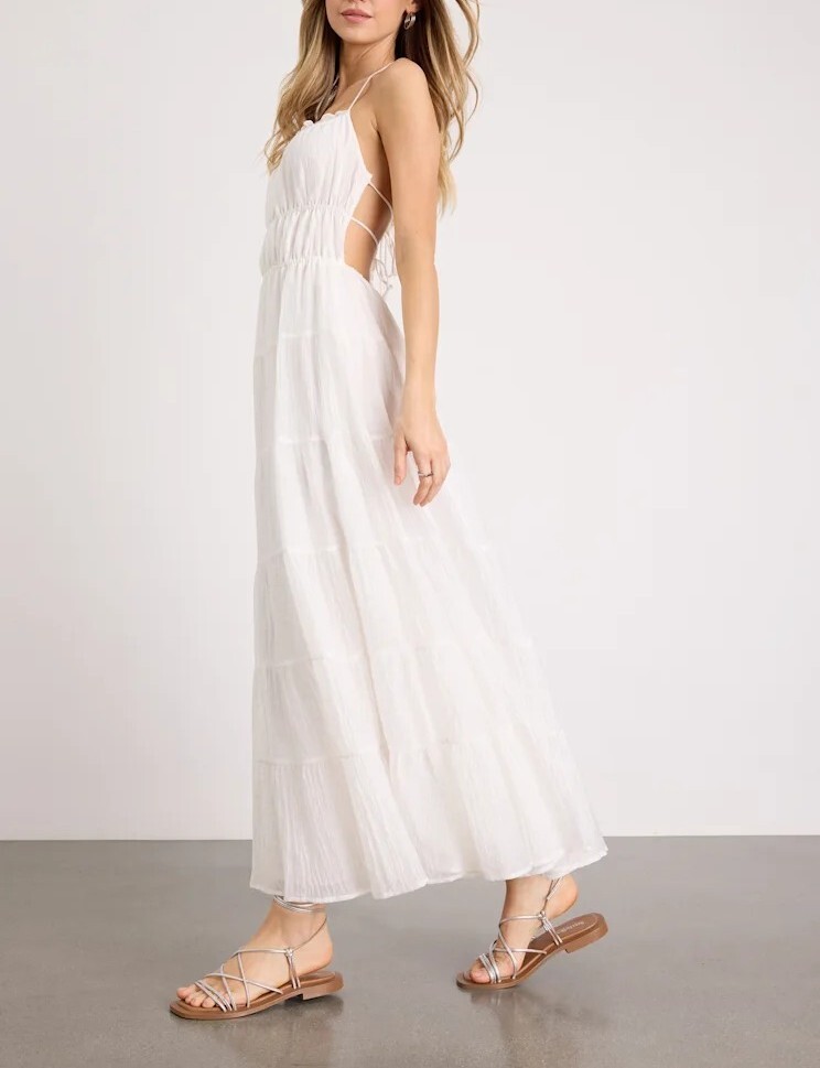 Sunny White白色紋理繞脖露背綁帶荷葉飾邊Dress