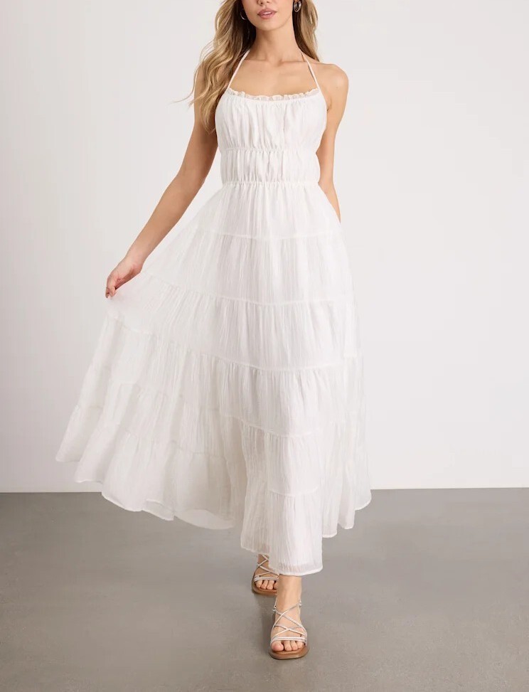 Sunny White白色紋理繞脖露背綁帶荷葉飾邊Dress