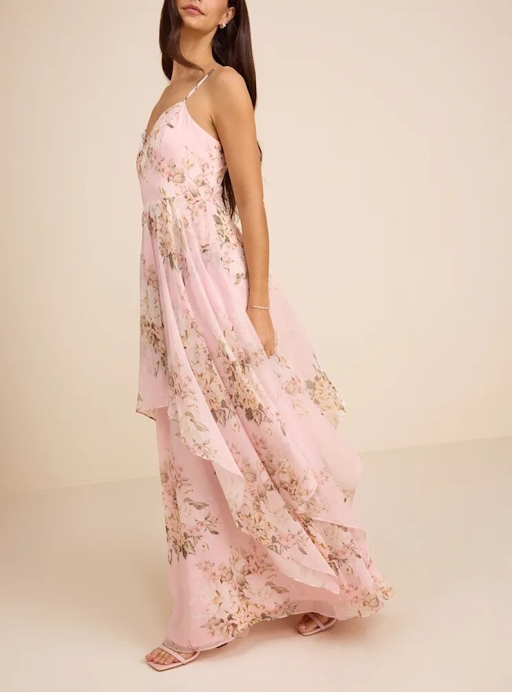 Blush腮紅色雪紡紗印花層次裙擺Dress