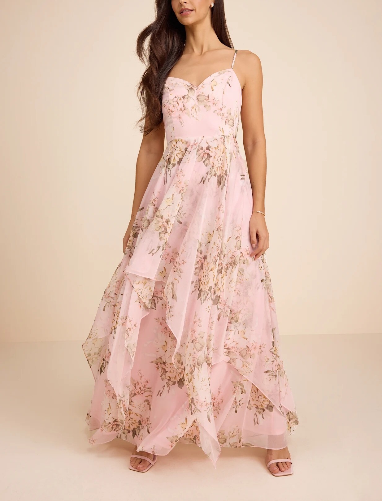 Blush腮紅色雪紡紗印花層次裙擺Dress