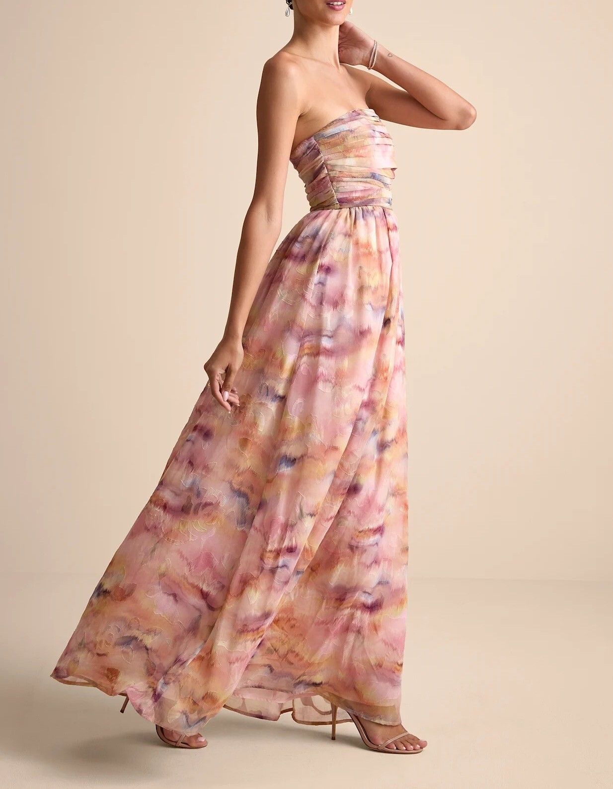 Pink粉紅色雪紡紗渲染抽象印花壓摺Dress