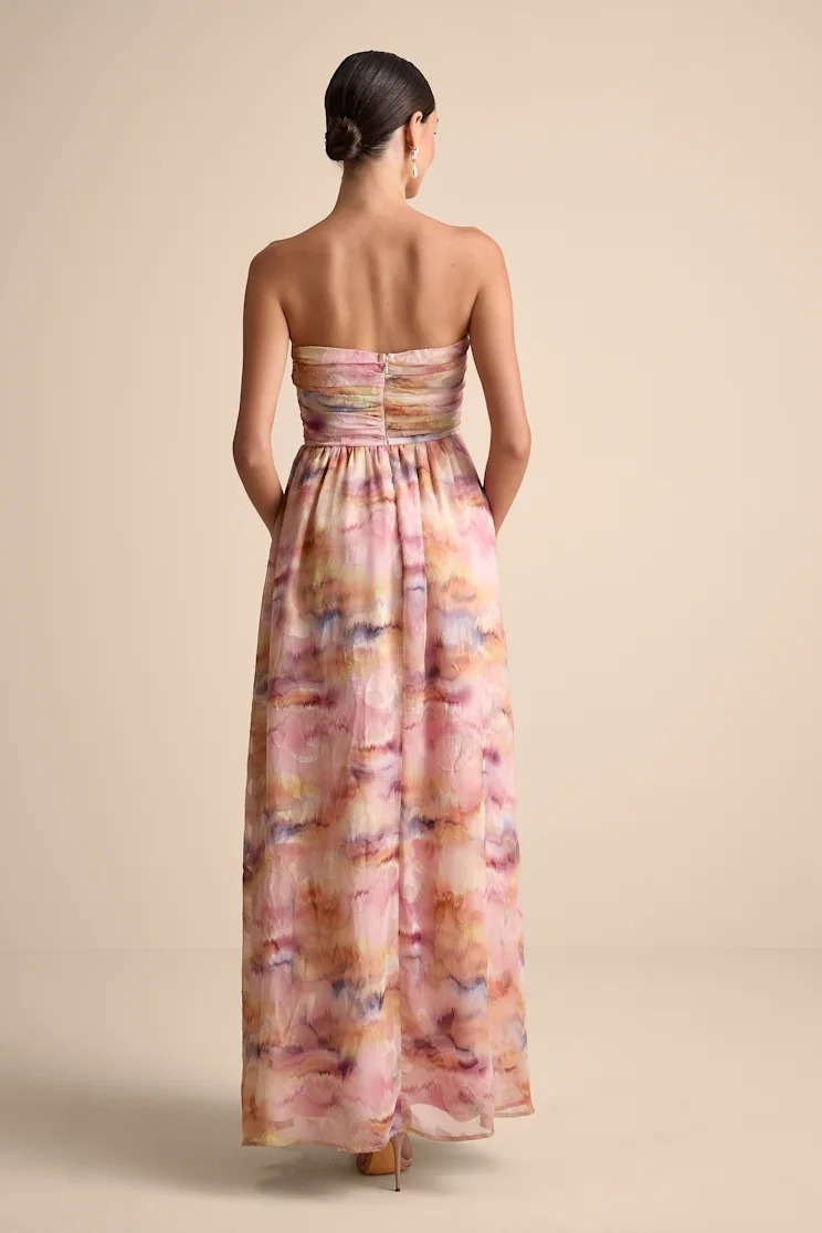 Pink粉紅色雪紡紗渲染抽象印花壓摺Dress