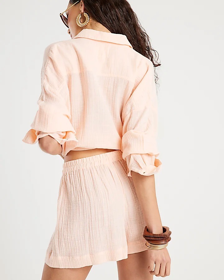 Peach Pinik蜜桃粉色皺皺襯衫上衣+短褲Cotton套裝
