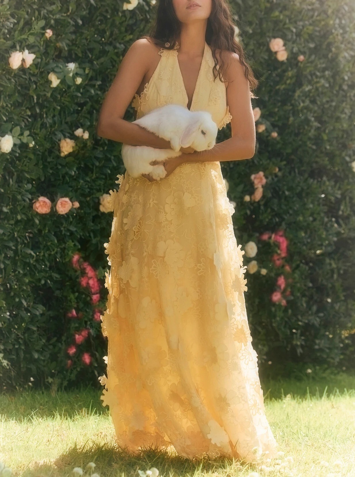 Chloe Yellow淺黃色 3D刺繡花朵露背長禮服Dress